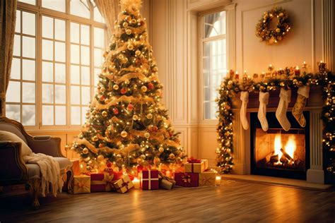 Cosy living room with beautiful christmas tree and red gifts in modern interior. Interior of ...