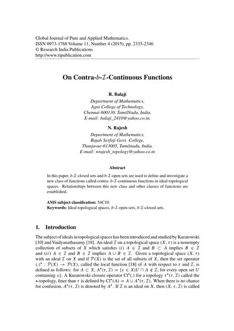 Pdf On Contra B I Continuous Functions