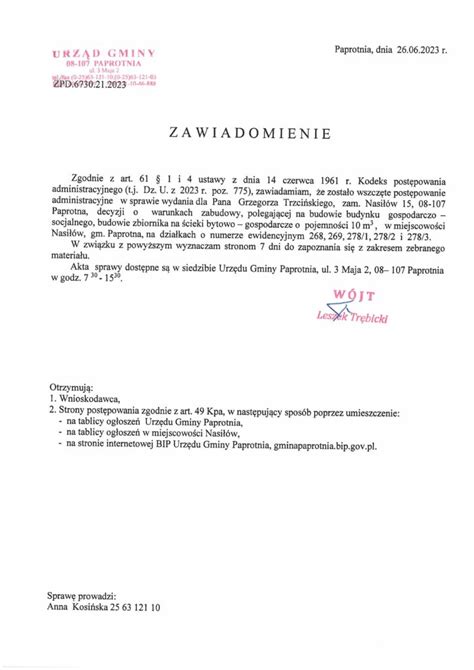 Zawiadomienie O Wszcz Ciu Post Powania Administracyjnego Urz D Gminy