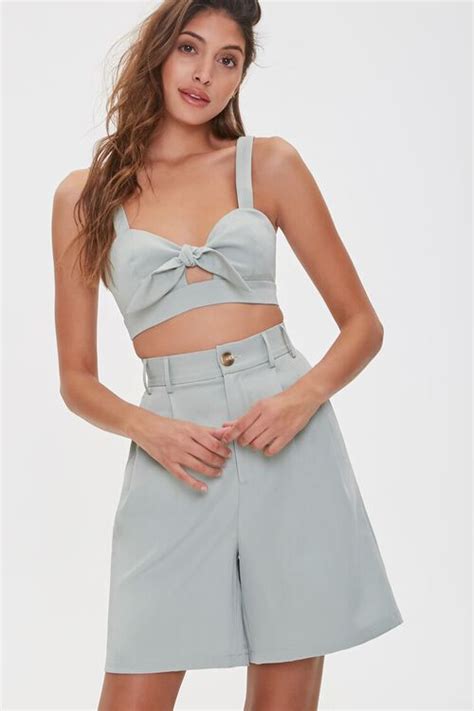 Tie Front Crop Top And Shorts Set