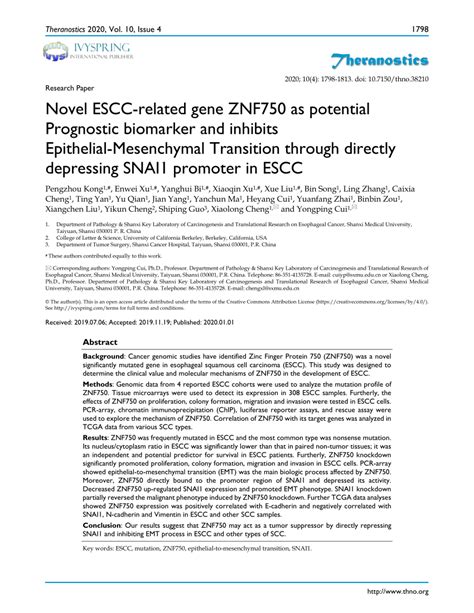 Pdf Novel Escc Related Gene Znf750 As Potential Prognostic Biomarker