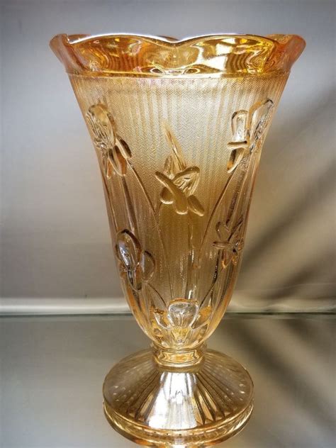 Vintage Jeannette Glass Iris Iridescent Marigold Carnival Glass Vase Jeannette Vase Carnival