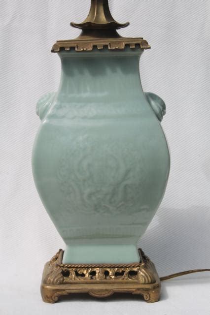 Vintage Celadon Green Glaze Oriental Pottery Table Lamp W Brass Base