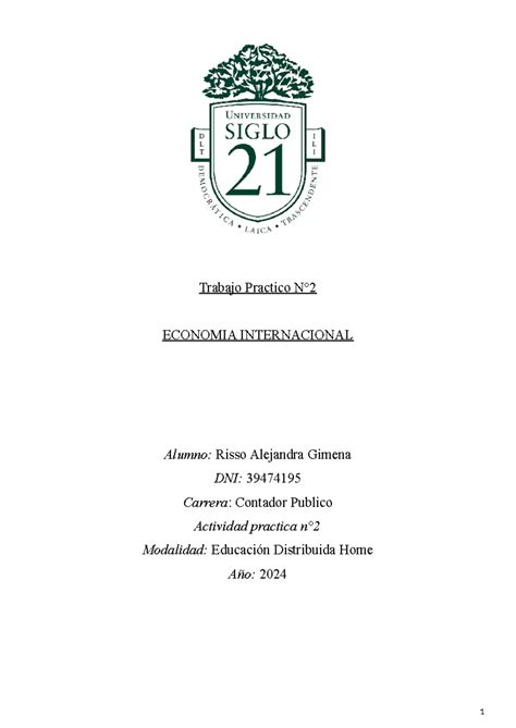 TP2 ECO Internacional Trabajo Practico N ECONOMIA INTERNACIONAL