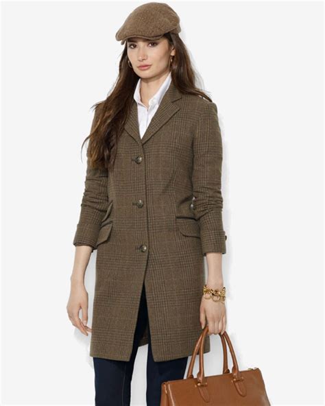 Lauren By Ralph Lauren Green Plaid Wool Blend Reefer Plaid Wool Coat