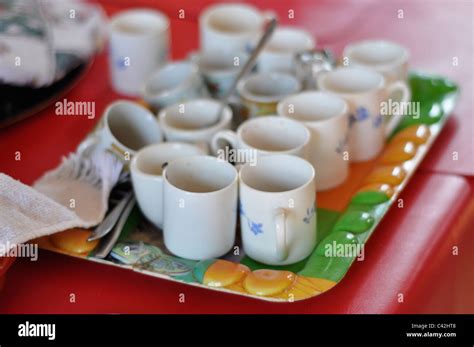 Traditional Cuban espresso coffee cups, shot with a shallow depth of field. Pinar del rio, Cuba ...