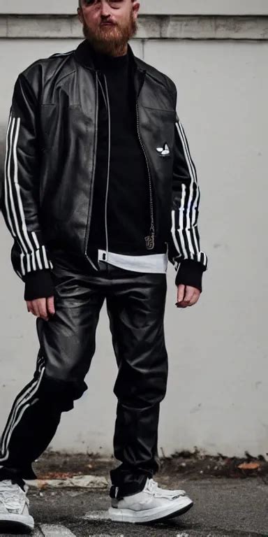 Gopnik In A Black Leather Jacket White Adidas Pants Stable