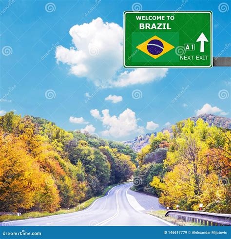 Brazil Road Sign Against Clear Blue Sky Stock Image Image Of Greeting