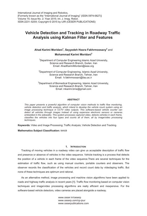 PDF Vehicle Detection And Tracking In Roadway Traffic Analysis Using