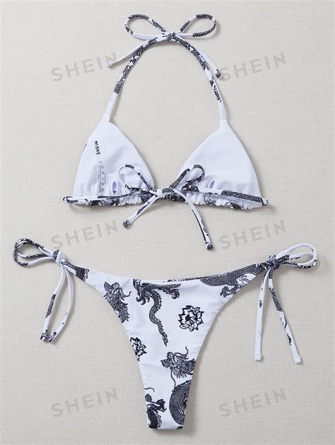 Shein Swim Y Glam Chinese Dragon Bikini Set Triangle Bra Thong Bottom