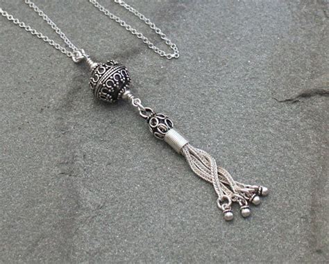 Sterling Silver Tassel Necklace On Long Chain Bali Bead Jewelry