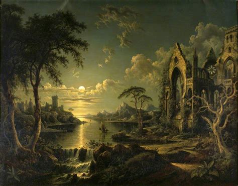 A Ruined Gothic Church Beside A River By Moonlight Art Uk