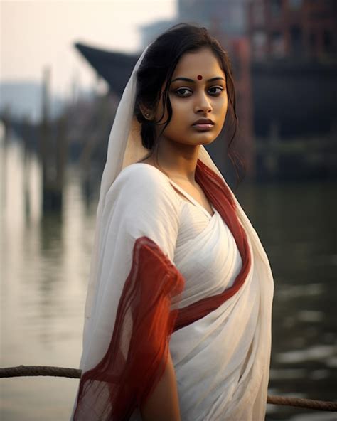 Premium Ai Image Young Bengali Girl By Ganges White Saree Mirroring Kolkatas Traditions