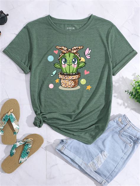 Shein Lune Camiseta Con Dibujos Animados Con Estampado De Cactus Moda