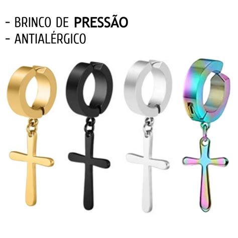 Brinco de Pressão Cruz Crucifixo Argola Não Precisa Furo Prateado Preto