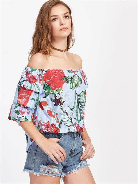 Bardot Floral Print Tiered Cuff Top Shein Sheinside