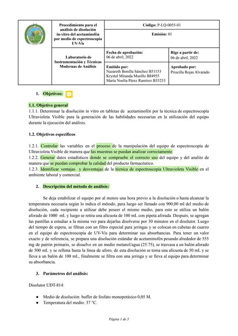 Solution Prodcedimiento De Analisis Disoluci N In Vitro De Acetaminof