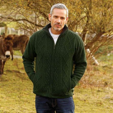 Irish Aran Wool Cardigan Full Zipper Green Celtic Clothing Company