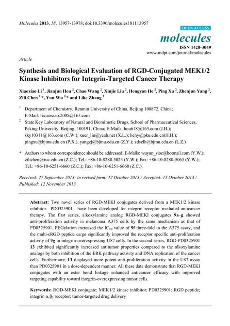 Pdf Synthesis And Biological Evaluation Of Rgd Conjugated Mek1 2 Kinase Inhibitors For