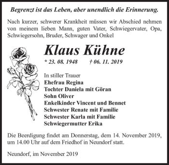 Traueranzeigen Von Klaus K Hne Abschied Nehmen De