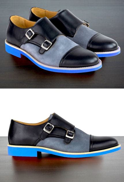 Mens Black And Blue Leather Double Monk Strap Dress Shoes Soxy Socks