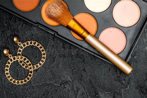Decorative Cosmetics Nude On Dark Background Top View Stock Photo Image Of Brush Object