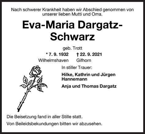 Traueranzeigen Von Eva Maria Dargatz Schwarz Nordwest Trauer De