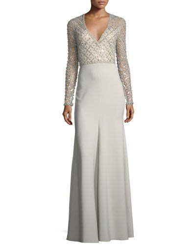 Jenny Packham V Neck Long Sleeve Beaded Top Crepe Skirt Evening Gown