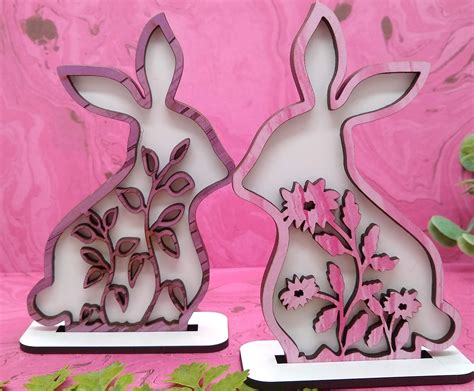 Floral Bunnies Set Of 4 With Stands Svg For Glowforge Laser Etsy