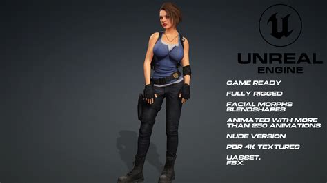 3D Model Jill Valentine Resident Evil UE5 Face Animated Nude Version VR AR Low Poly