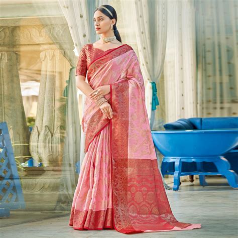 Light Pink Floral Woven Cotton Blend Saree With Tassels