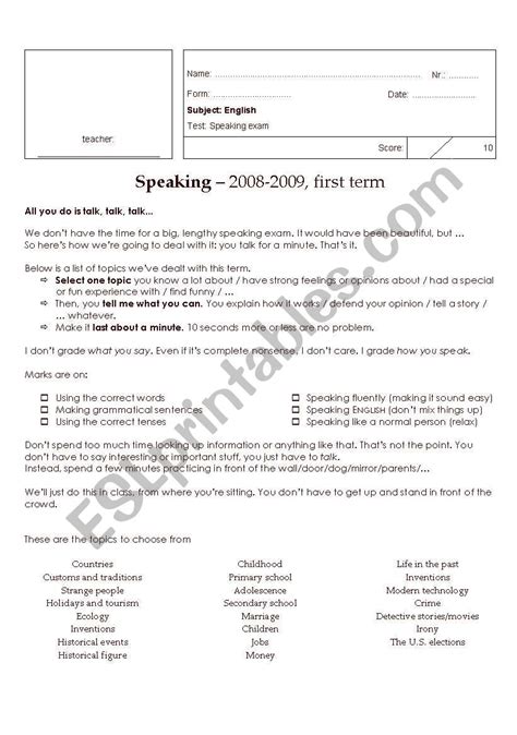 Speaking Assignment Esl Worksheet By Jorisvb