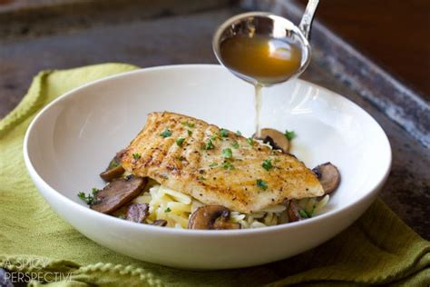 Mushroom Broth Over Brown Butter Seared Halibut