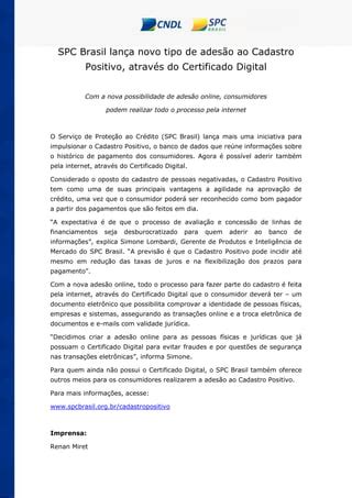 Spc Brasil Lan A Novo Tipo De Ades O Ao Cadastro Positivo Pdf