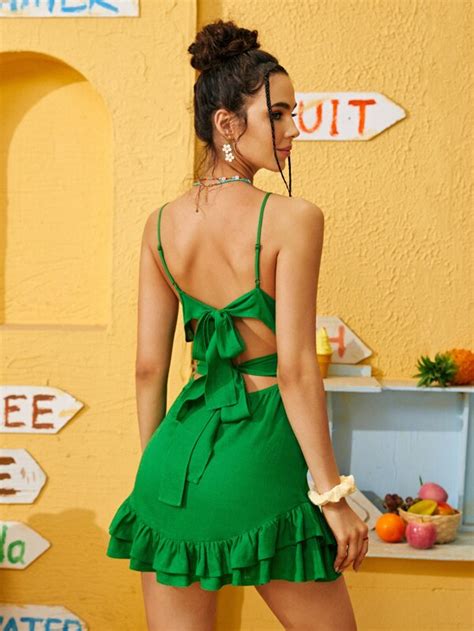 Shein Wywh Vestido De Tirantes Con Cordón Trasero Bajo Con Fruncido