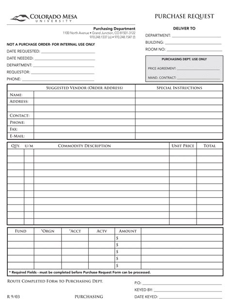 Fillable Online Coloradomesa Purchase Request Coloradomesaedu Fax