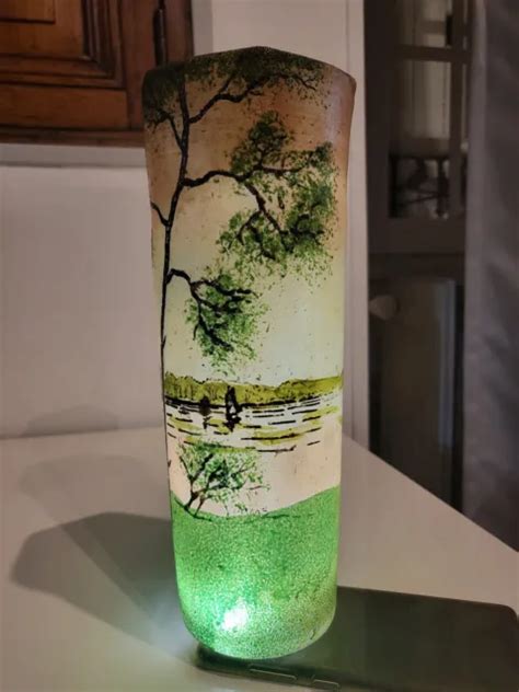 Ancien Vase En Pate De Verre Sign Legras Paysage Lacustre Jaune Et