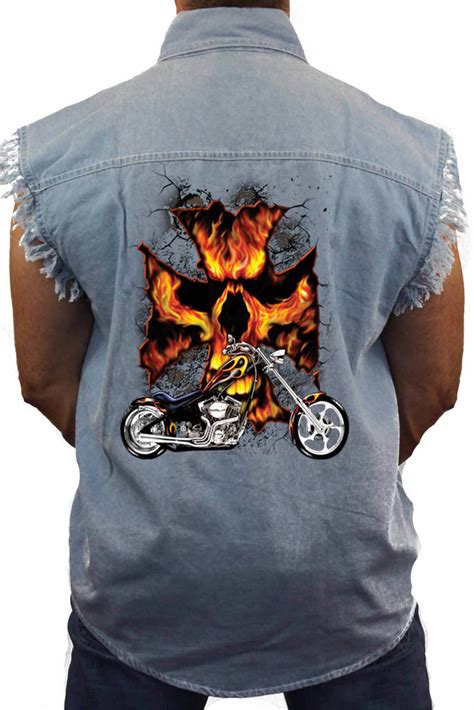 Men S Sleeveless Denim Biker Shirt Motorcycle Flame Skull Cross Chopper