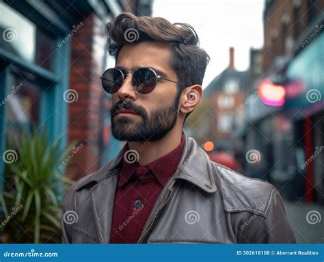 A Man With A Beard And Sunglasses Is Standing On A City Street Stock