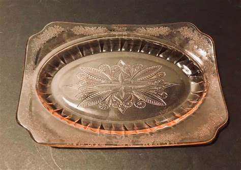 Vintage Pink Glass Serving Tray Etched Glass Oval Dish Etsy