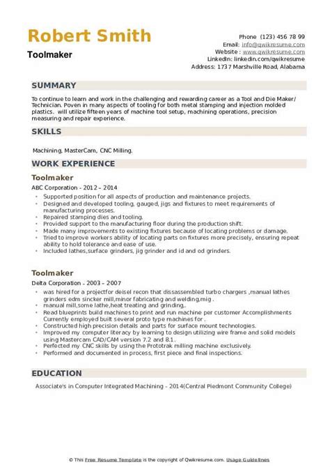 Toolmaker Resume Samples Qwikresume