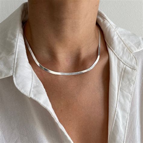 925 Sterling Silver Herringbone Necklace Silver Choker Chain Flex Layering Chain 4mm Silver