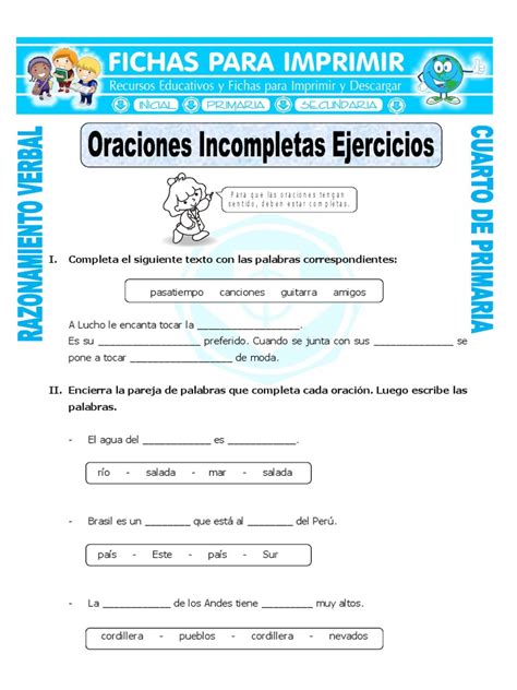 Ficha Oraciones Incompletas Ejercicios Para Cuarto De Primaria