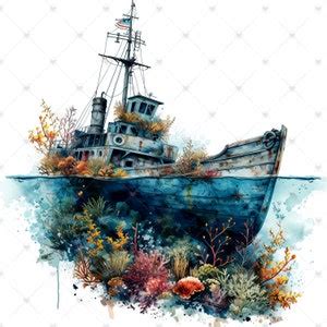 Shipwreck Submerged In Water Clipart Bundle High Quality Watercolor