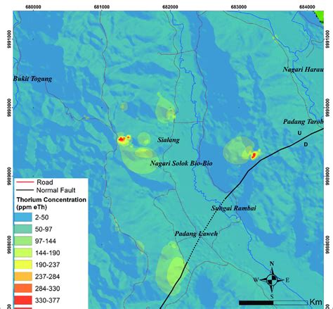 Map of thorium equivalent values in research area. Thorium anomaly is ...