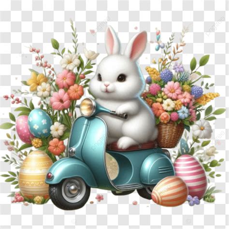 An Easter Bunny Joyfully Rides A Scooter Surrounded By Colorful Flowers