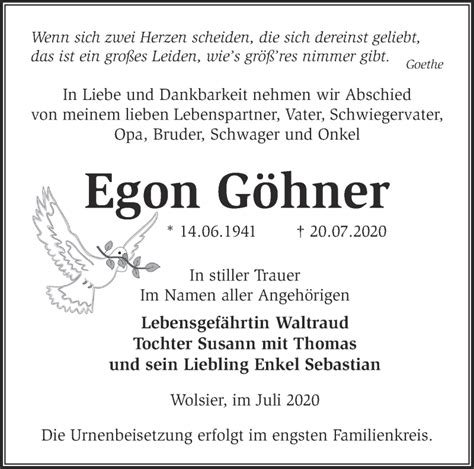 Traueranzeigen Von Egon G Hner M Rkische Onlinezeitung Trauerportal