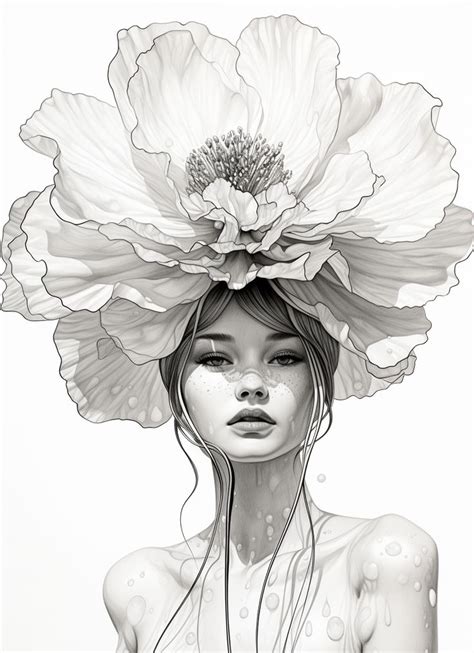 A Drawing Of A Woman Wearing A Flower On Her Head With Water Droplets