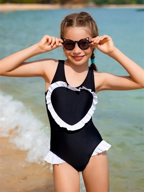 Shein Girls Heart Patched Frill Trim One Piece Swimsuit Trendy Eg