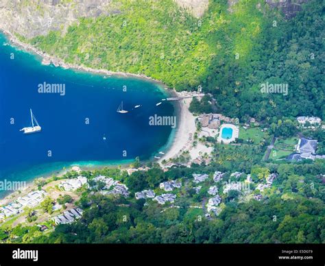 Caribbean, St. Lucia, aerial photo of Jalousie Resort at Jalousie Beach ...